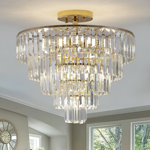 Golden Crystal Chandelier, 5-layer Round Semi-recessed Chandelier Lamp, Large Modern Luxury Chandelier, Suitable For Living Room, Dining Room, Bedroom, Corridor