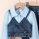Girls' Lapel Shirt Denim Bell-bottom Pants Three-piece Suit