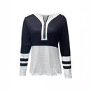 Women's V-collar Contrast Color Striped Loose Zip Long-sleeved T-shirt