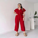 Women's V-neck Single Breasted High Waisted Lace Up Straight Leg Jumpsuit Pants