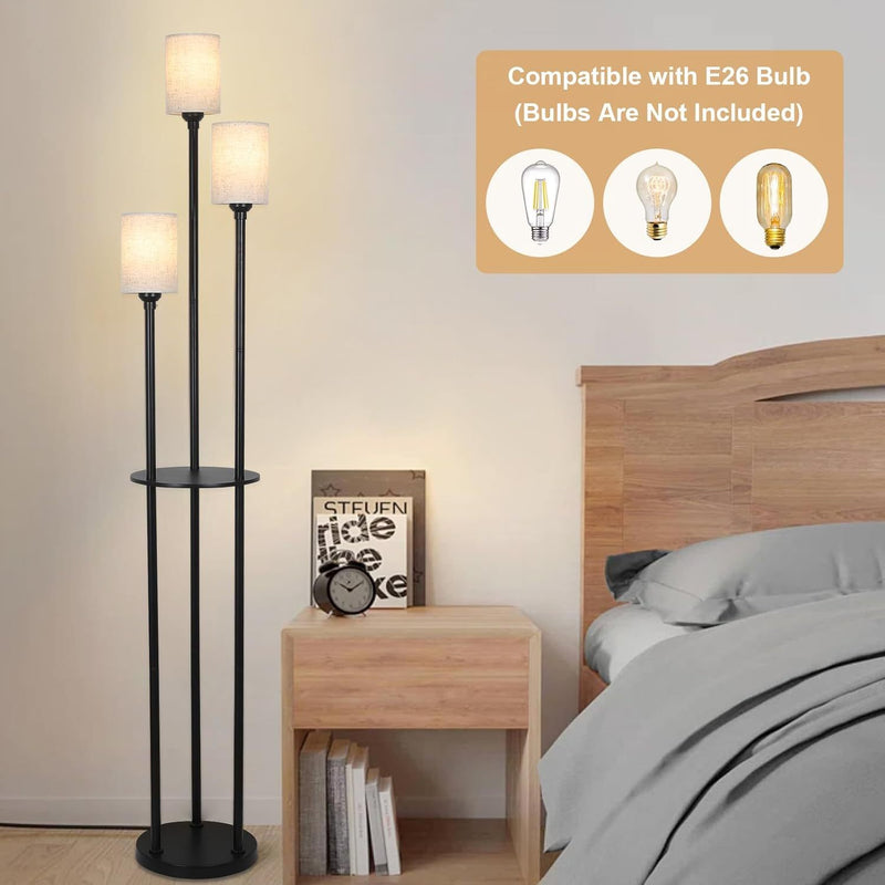 Floor Lamp With Shelf, Floor Lamp For Modern Living Room, 3 Light Standing Lamp With Linen Shade And Foot Switch