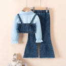 Girls' Lapel Shirt Denim Bell-bottom Pants Three-piece Suit