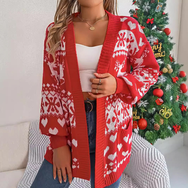 Cardigan ouvert devant pour femme, vêtement de Noël 2024, tricot, manches lanternes, imprimé cerf surdimensionné, poches, tricoté