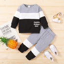 Letter Color Matching Patchwork Round Neck Long Sleeve Two-piece Men's Clothing