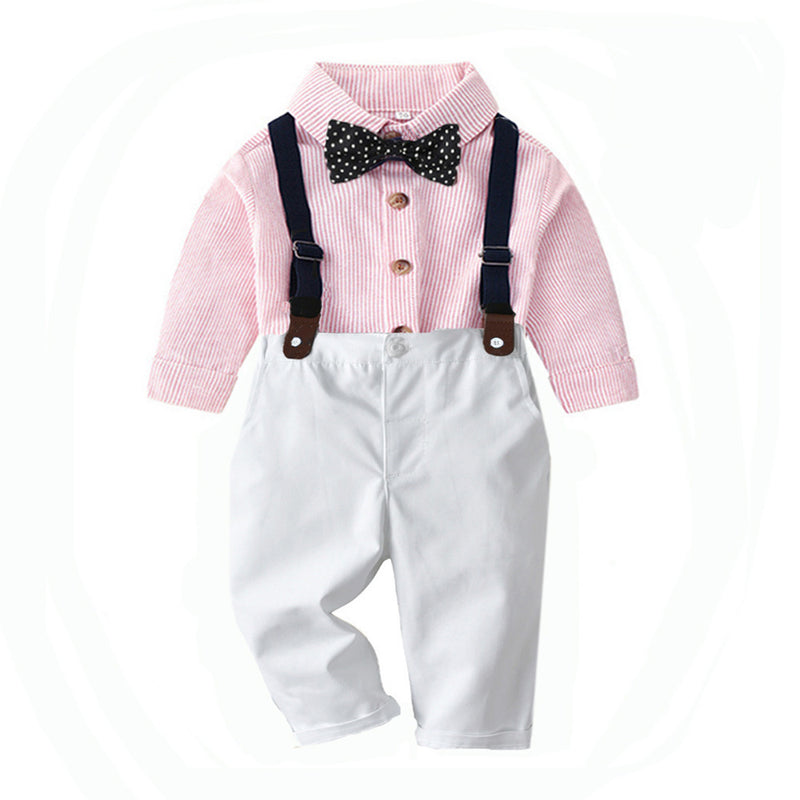 Boys' Spring And Autumn New Striped Shirt Hat Pants Match Suit