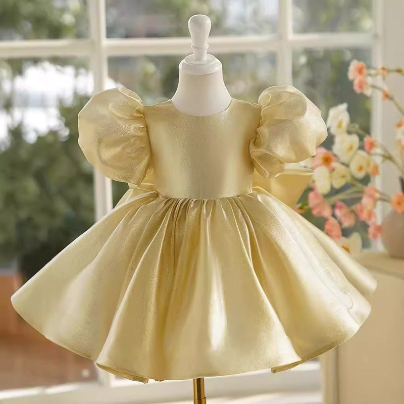 Girls' Dress New Champagne Satin Flower Girl Puff Sleeve