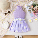 Girls' Pit Striped Halter Sleeveless Top Printed Pleated Skirt Belted Suit
