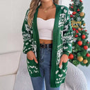 Cardigan ouvert devant pour femme, vêtement de Noël 2024, tricot, manches lanternes, imprimé cerf surdimensionné, poches, tricoté