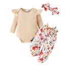 Sunken Stripe Long-sleeve Jumpsuit Flower Print Trousers Hair Band For Girls Suit