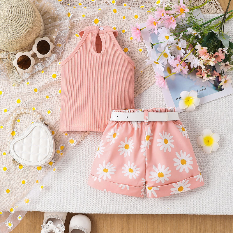 Children's Pure Color Halter Top Printed Shorts Belt