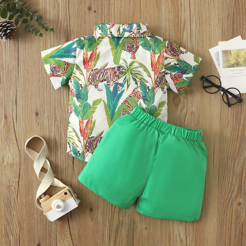 Beach Multi-color Printed Shirt Boys' Shorts Two-piece Set