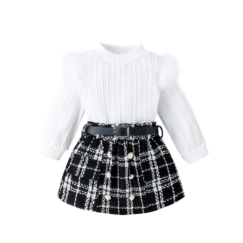 Autumn And Winter New Girls' Suit Furry Top Woolen Fabric Skirt With Belt Three-piece Set