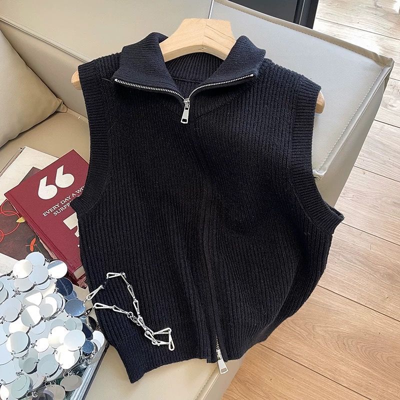 Turtleneck Double Zipper Knitted Vest Versatile Bottoming Shirt