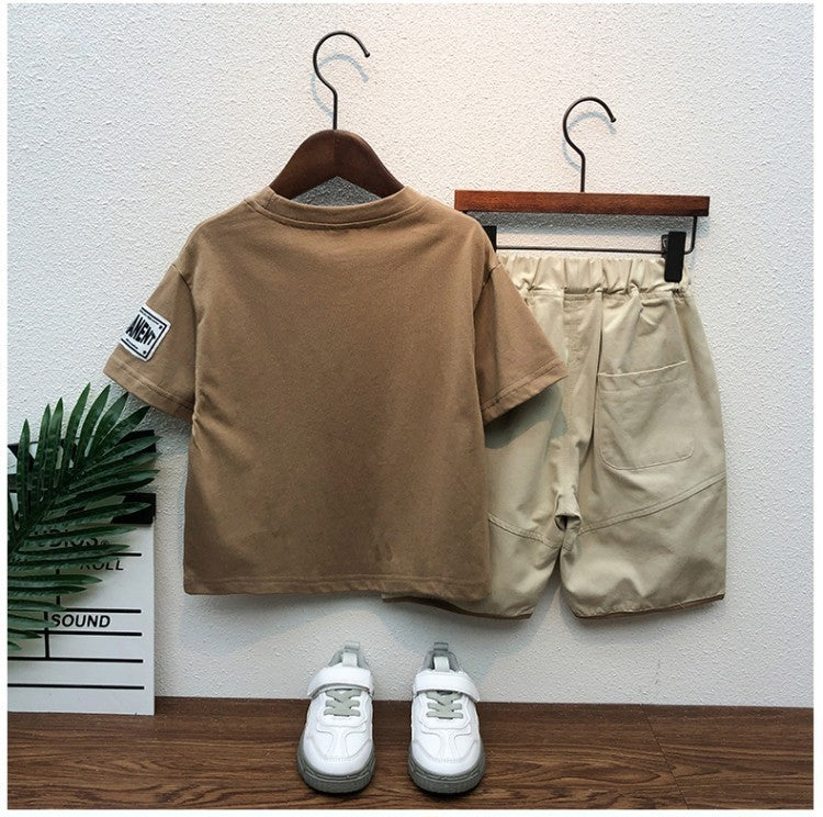 Boys And Girls Solid Color Bear Print Armband T-shirt Short Sleeve Two-piece Set