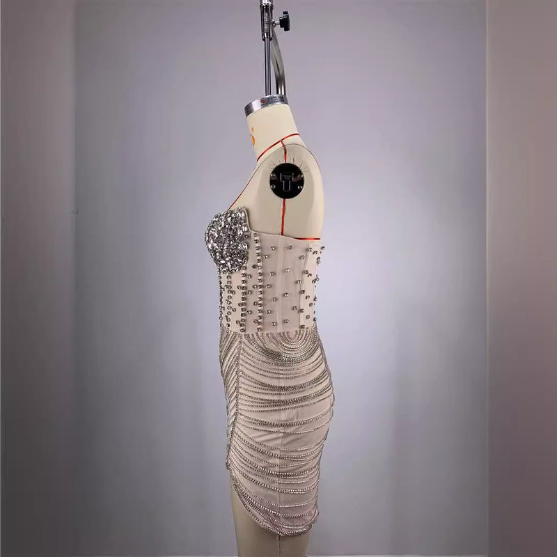 High Quality Fashion Off-the-shoulder Diamond Trim Slim Chain Tight Mini Dress Women