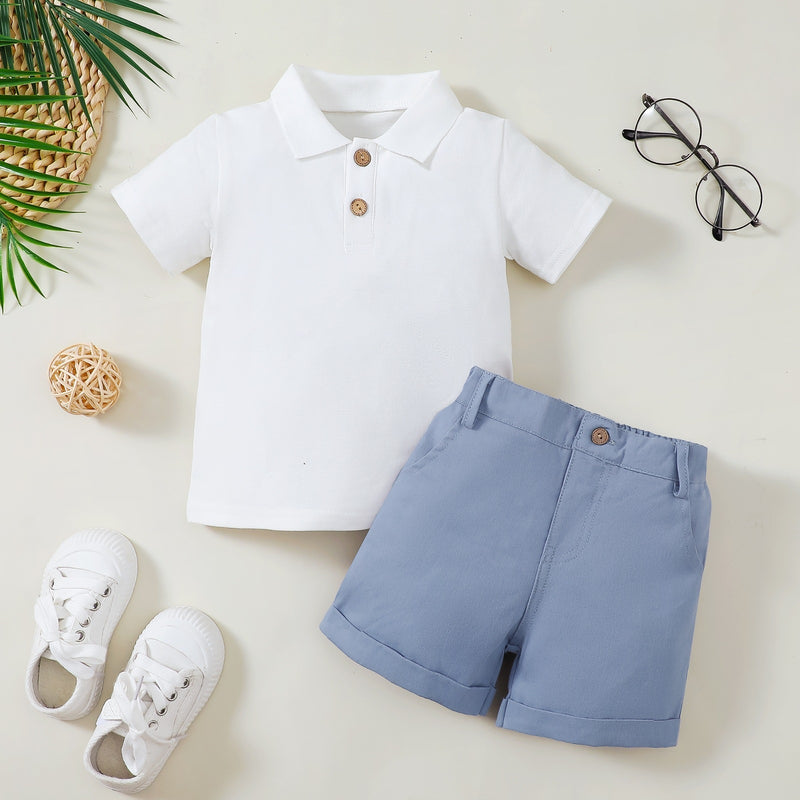 Boy's Polo Shirt Zipper Bar-tack Solid Color Shorts