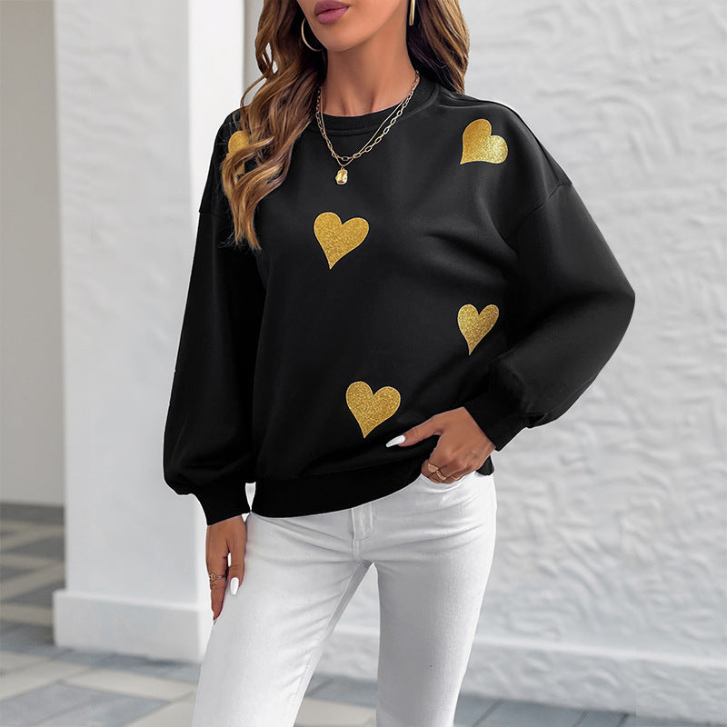 Women's Sweet Style Heart Printing Loose Round Neck Long Sleeve Sweater