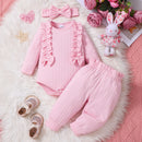 3 Piece Set Ribbed Frill Long Sleeve Romper And Pants Suit With Headscarf