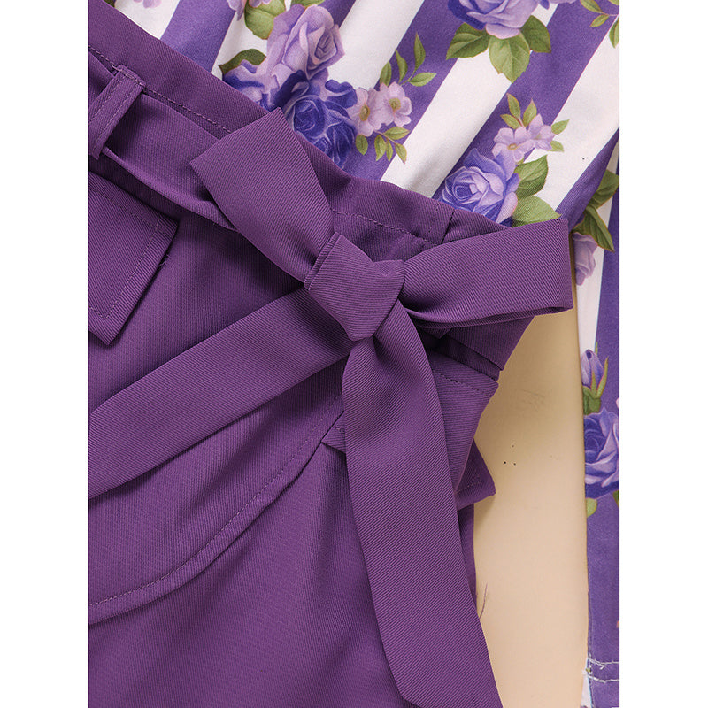 Toddler Girl Purple Rose Print Girls Outfit, Spring Fall Stripe Top With Belt Skirts Set Holiday Going Out Clothes
