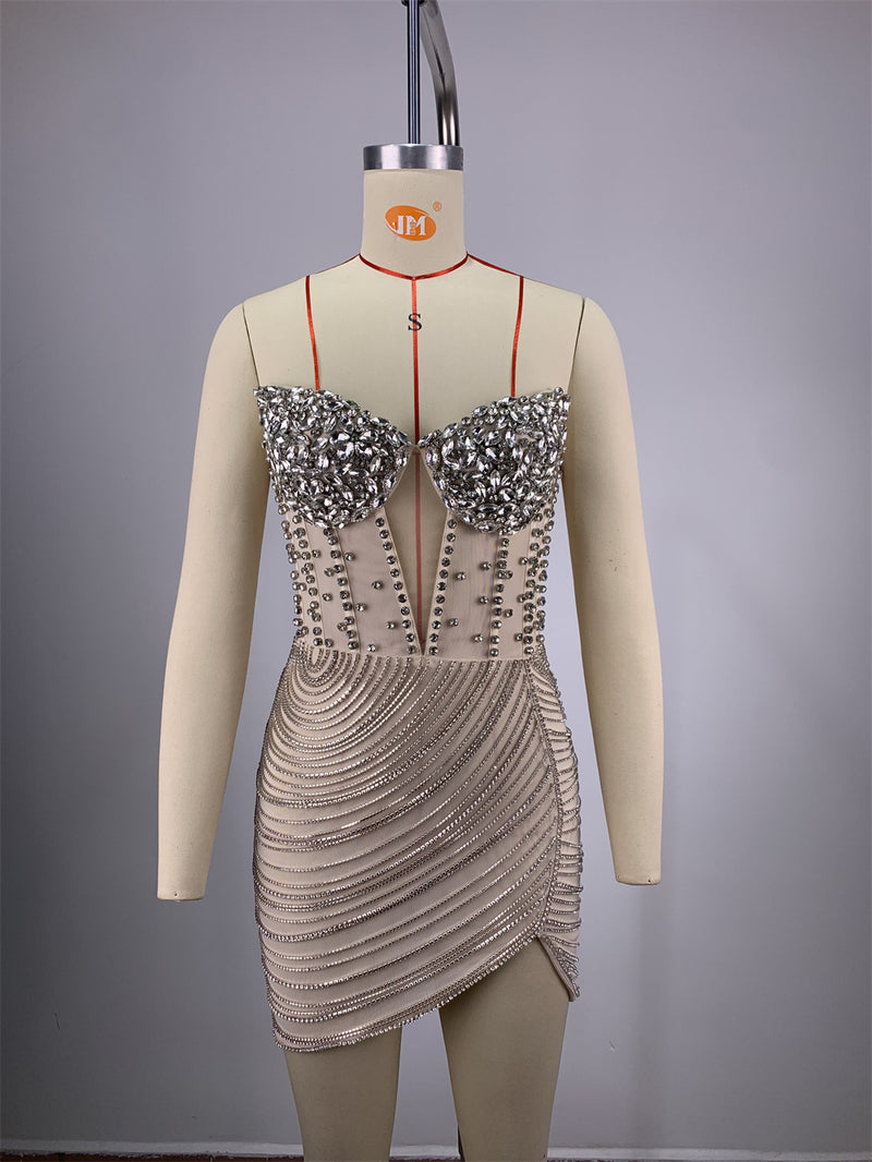 High Quality Fashion Off-the-shoulder Diamond Trim Slim Chain Tight Mini Dress Women