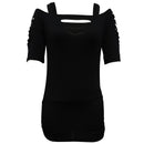 Ladies' Solid Color Lace Up Sleeve Shirt With Hollowed Out Square Collar Casual Shirt, Summer Rock T-shirt Top