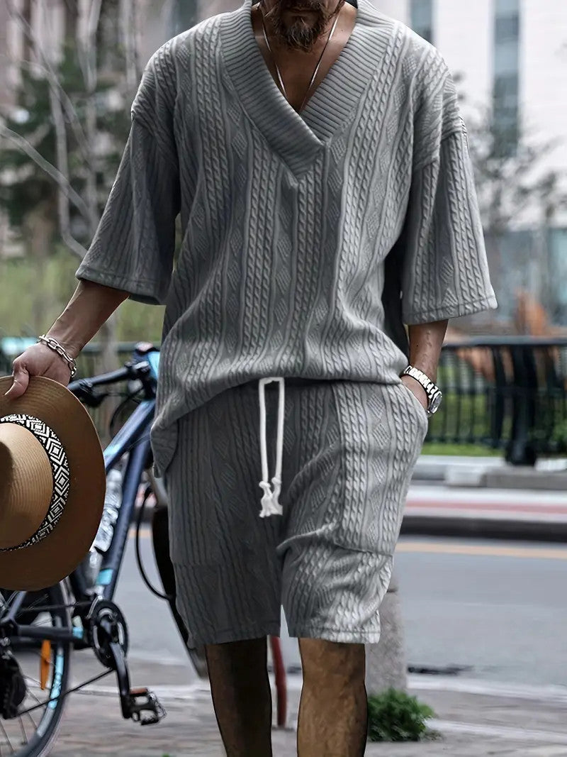 Ensemble 2 pièces pour homme, chemise jacquard unie à manches courtes et col en V, short à cordon assorti, vêtements de loisirs d'été