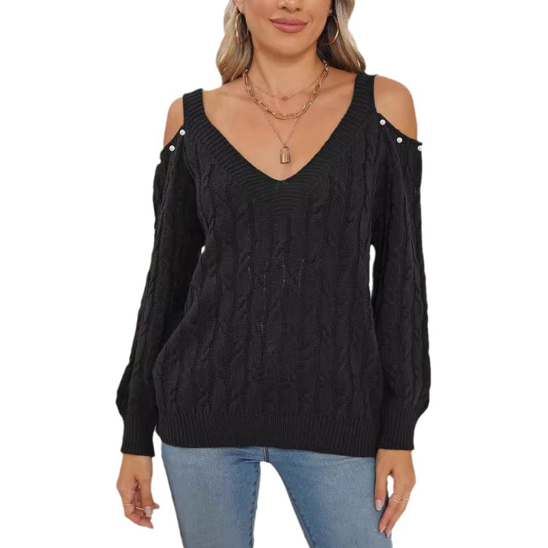 Woven Bottoming Shirt Deep V Off-the-shoulder Pullover Loose Sweater