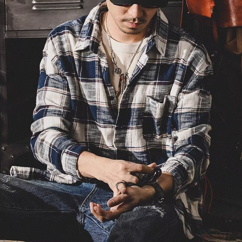 Chemise à carreaux rétro à manches longues pour homme, ample et polyvalente