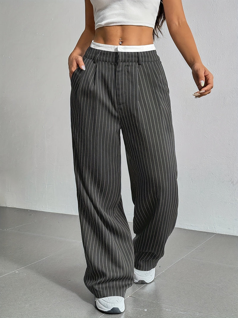 Stripe Printed Trousers Fashion High Waist Straight Leg Pants With Pocket Zipper Casual Suit Pants For Women