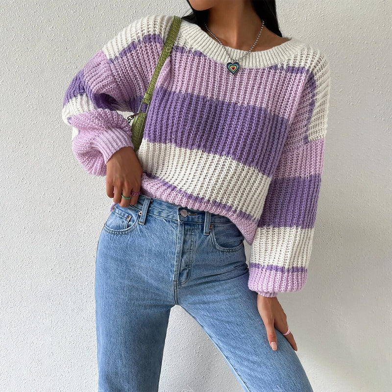 Autumn And Winter Long Sleeve Pullover Contrast Color Casual