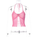 Hot Girl's Sexy Pink Mesh Stitching Chest-wrapped Halter Vest