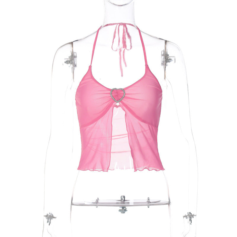 Hot Girl's Sexy Pink Mesh Stitching Chest-wrapped Halter Vest
