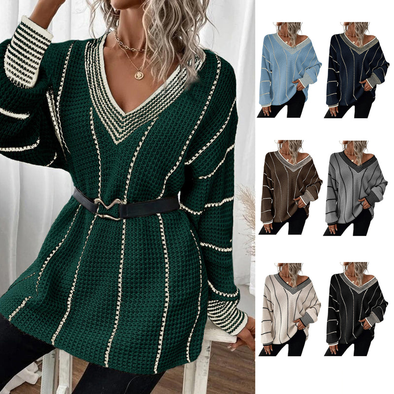 Autumn And Winter Knitted V-neck Striped Sweater