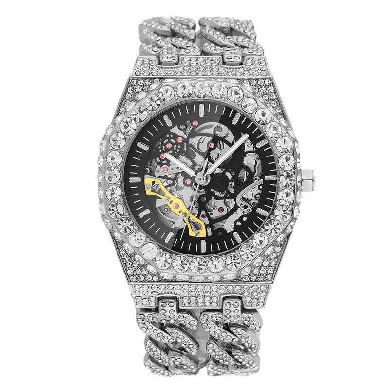 Full Diamond Hip Hop Cuban Link Chain Stitching Hollow Automatic Mechanical Watch