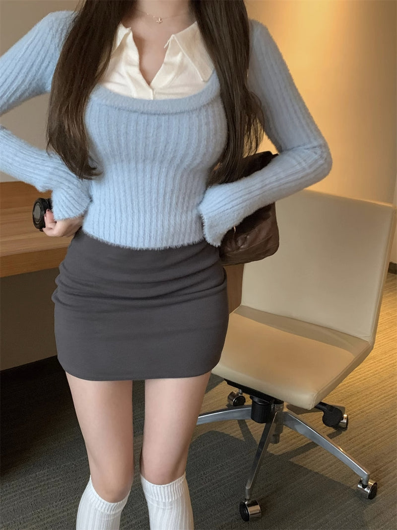 Fake Two Pieces Slim-Fit Kurzarm-Pullover-Hemd