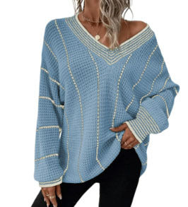 Autumn And Winter Knitted V-neck Striped Sweater