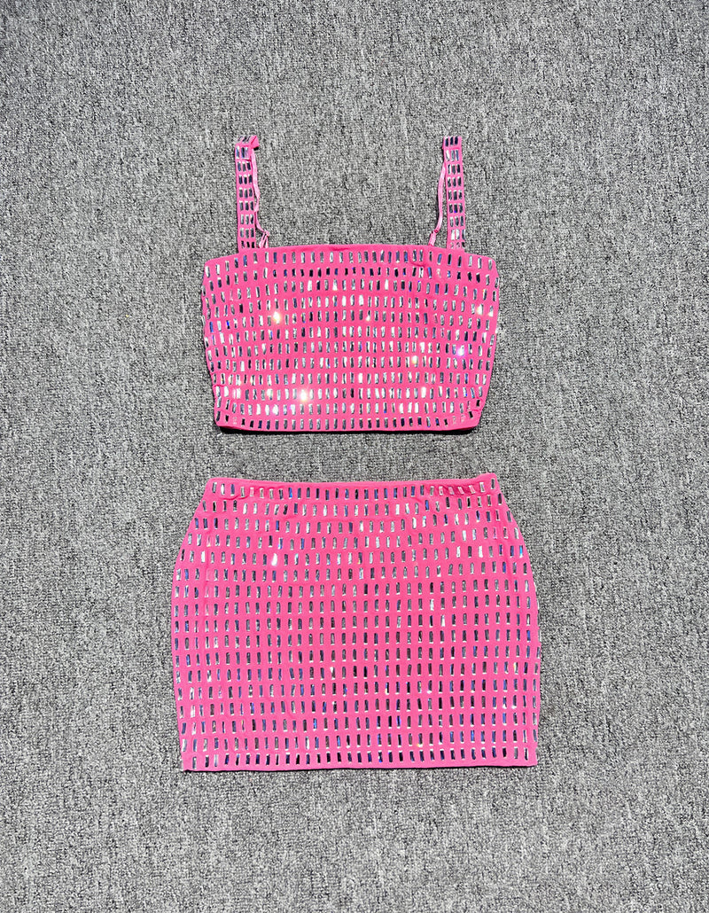 Women's Rhinestone Camisole Short Vest Waist-leaking Hip Skirt Two-piece Set