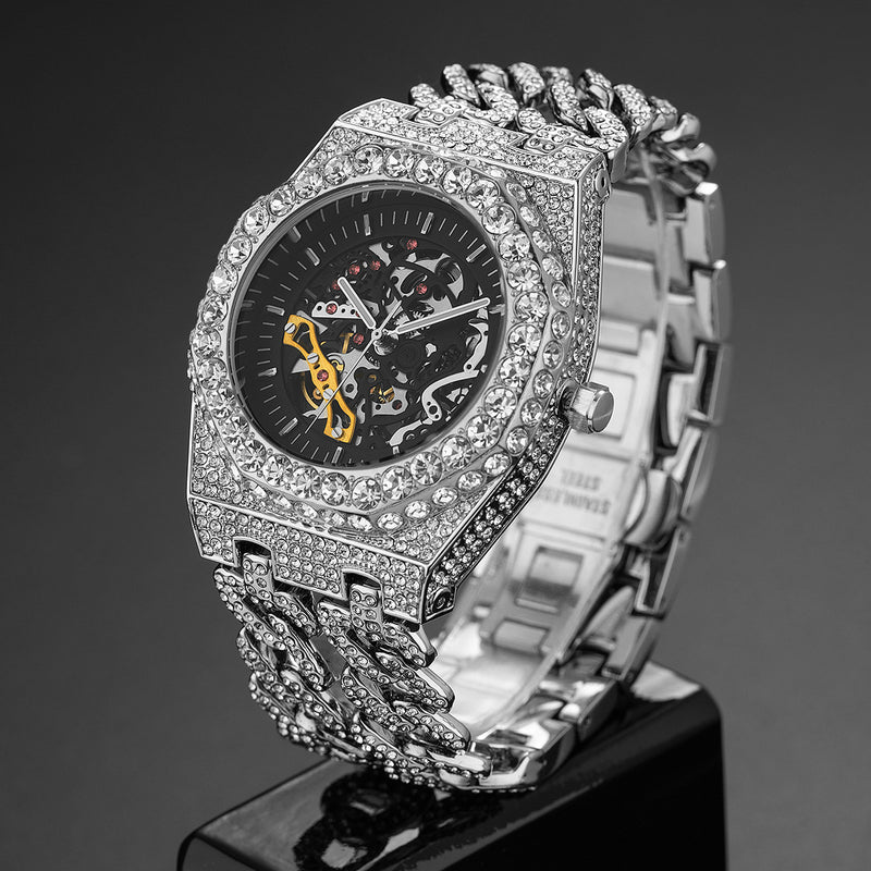 Full Diamond Hip Hop Cuban Link Chain Stitching Hollow Automatic Mechanical Watch