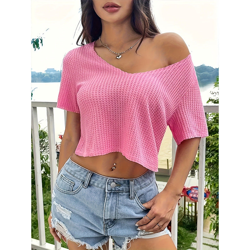 Summer V-neck Sweater Slimming Clavicle Short Midriff-baring Top