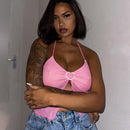Hot Girl's Sexy Pink Mesh Stitching Chest-wrapped Halter Vest