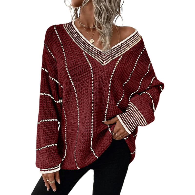 Autumn And Winter Knitted V-neck Striped Sweater