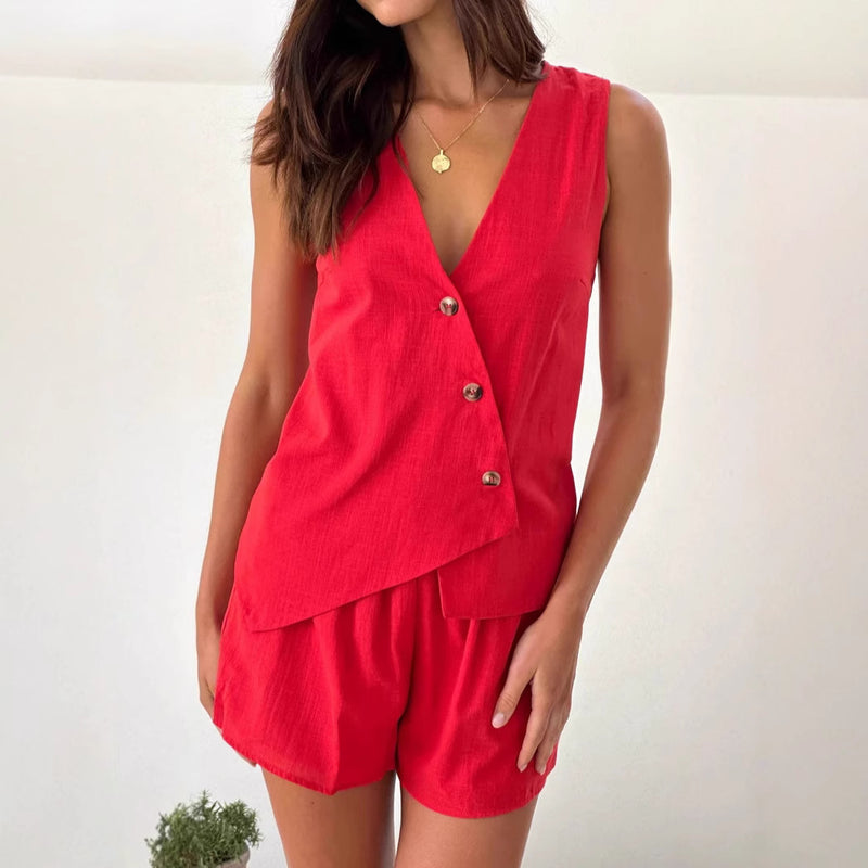 European And American Solid Color Shorts Casual V-neck Vest Waist-tight Suit