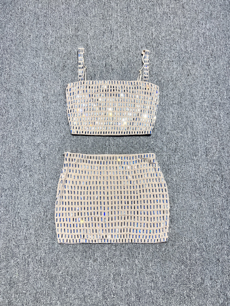 Women's Rhinestone Camisole Short Vest Waist-leaking Hip Skirt Two-piece Set