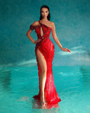 Luxuriöses, sexy Kleid mit Cut-Outs an den Schultern und hohem Schlitz in Ruby