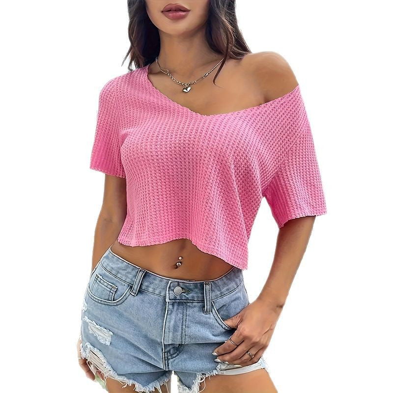 Summer V-neck Sweater Slimming Clavicle Short Midriff-baring Top