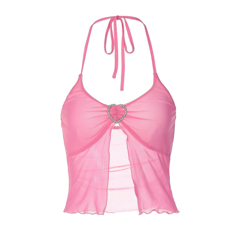 Hot Girl's Sexy Pink Mesh Stitching Chest-wrapped Halter Vest