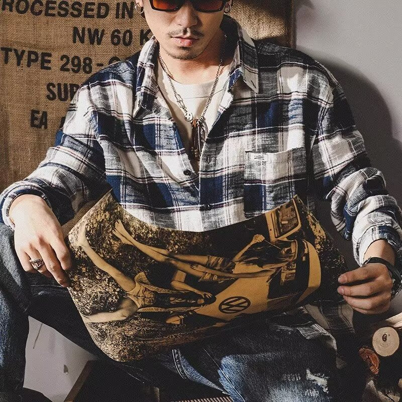 Chemise à carreaux rétro à manches longues pour homme, ample et polyvalente