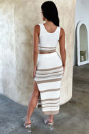 Summer New Sleeveless Vest Sexy Slit Striped Skirt Knitting Suit