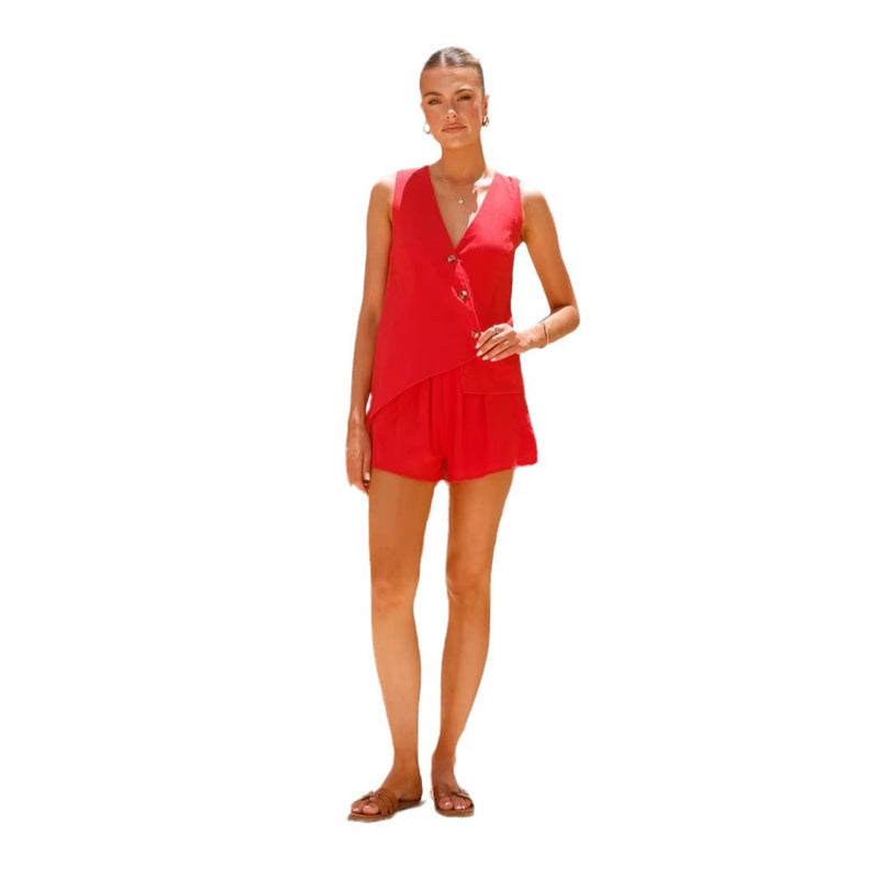 European And American Solid Color Shorts Casual V-neck Vest Waist-tight Suit