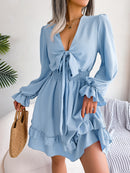 Spring And Summer European And American Leisure Lace-up Waist-tight Wooden Ear Swing Dress